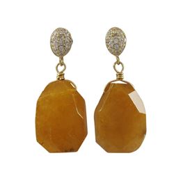 Honey Semi Precious Stone Dangling On Gold Plated Sterling Silver CZ Post Earrings, 1.3"