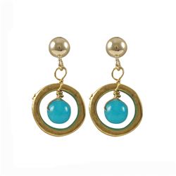 Blue 4Mm Ball In Gold Plated Brass Ring, Gold Filled Post Earrings, 0.71"