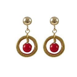 Red 4Mm Ball In Gold Plated Brass Ring, Gold Filled Post Earrings, 0.71"