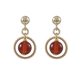 Carnelian 6Mm Semi Precious Ball In 10Mm Braided Ring, On Gold Plated Sterling Silver Ball Post Earr