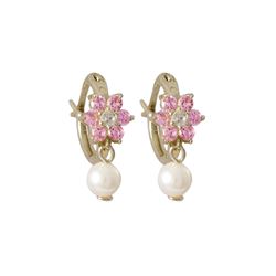 Pink CZ Flower On Gold Plated Sterling Silver Huggie Earrings, With 4Mm White Pearl Dangling, 0.63