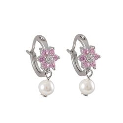 Pink CZ Flower On Rhodium Plated Sterling Silver Huggie Earrings, With 4Mm White Pearl Dangling, 0.6