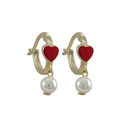 Red Enamel 4.5X5mm Heart On Gold Plated Sterling Silver Baby Huggie Leverback Earrings, With Hanging