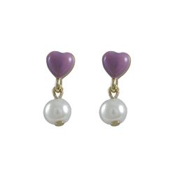 Lavender Enamel Heart, Gold Over Sterling Silver Post Earring, Dangling Pearl