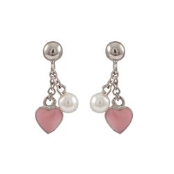 Pink Enamel Heart, 5Mm Pink Pearl, Gold Over Sterling Silver Post Earrings