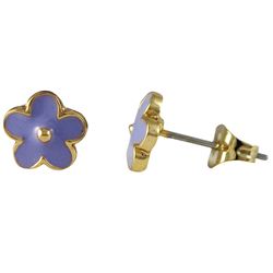 Lavender Enamel Flower On Gold Plated Brass Post Earrings 8Mm