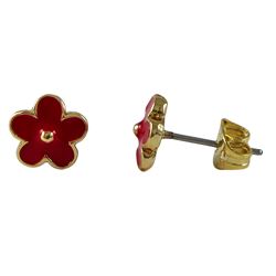 Red Enamel Flower On Gold Plated Brass Post Earrings 8Mm