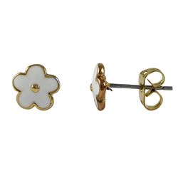 White Enamel Flower On Gold Plated Brass Post Earrings 8Mm