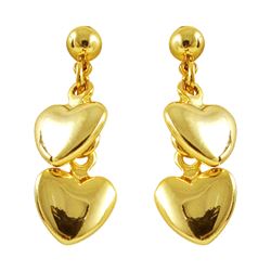 Gold Tone Brass Two Dangling Hearts On Ball Post Earrings