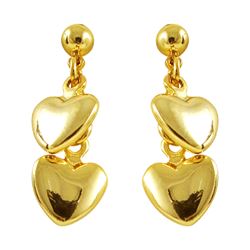 Gold Tone Brass Two Dangling Hearts On Ball Post Earrings