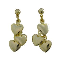 Gold Tone Brass Three Dangling Hearts On Ball Post Earrings- 1.15"