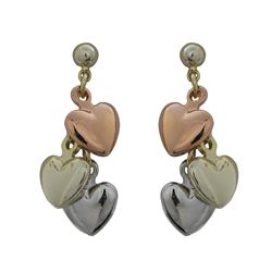 Tri Color Brass Three Dangling Hearts On Ball Post Earrings- 1.15"