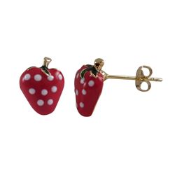 Red & White Enamel Strawberry, Gold Tone Brass Post Earrings