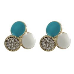 Turquoise And White Enamel With White Crystals, Three 10Mm Circles Design, Gold Plated Brass Post Ea