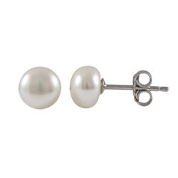 6Mm White Fresh Water Flat Pearl, Rhodium Plated Sterling Silver Post Stud Earrings