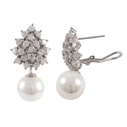 Rhodium Plated Sterling Silver CZ Post Clip Earrings, With Dangling 10Mm Shell Pearl, 1.18"