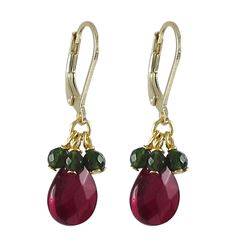 Garnet Combination Semi Precious Stones On Gold Plated Brass Lever Back Earrings-1.42"