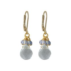 Aqua Semi Precious Stones On Gold Plated Brass Lever Back Earrings-1.42"