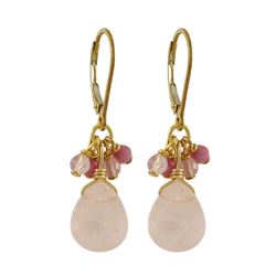 Rose Quartz Semi Precious Stones On Gold Filled Lever Back Earrings-1.42"