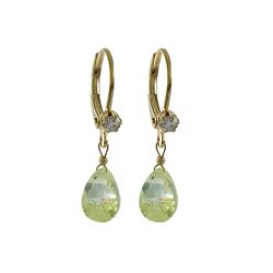 Apple Green 6X9 Teardrop CZ On Gold Tone Brass Lever Back With Crystal Earrings- 1.08