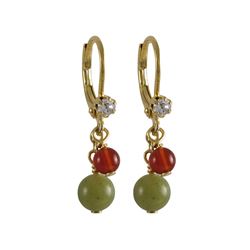 Olive Jade 6Mm And Carnelian 4Mm Semi Precious Balls Dangling, Gold Plated Surgical Steel Lever Back