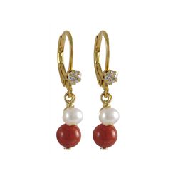 Red 6Mm Semi Precious Ball And White 4Mm Fresh Water Pearl Dangling, Gold Plated Surgical Steel Leve