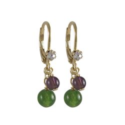 Green Jade 6Mm And Amy 4Mm Semi Precious Balls Dangling, Gold Plated Surgical Steel Lever Back With 