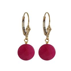 Fuschia Semi Precious 10Mm Round Flat Stone On Gold Filled Lever Back Earrings, 1.18"