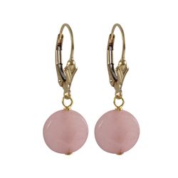 Rose Quartz Semi Precious 10Mm Round Flat Stone On Gold Filled Lever Back Earrings, 1.18"