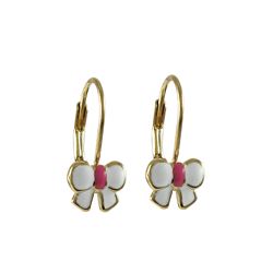 White And Hot Pink Enamel Bow -Gold Plated Brass Lever Back Earrings-17M