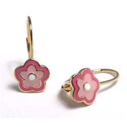 Hot Pink, Light Pink, And White Enamel Flower-Gold Plated Brass Lever Back Earrings-16M