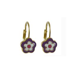 Purple, White, And Hot Pink Enamel Flower-Gold Plated Brass Lever Back Earrings- 0.63"