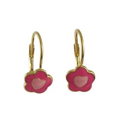 Hot Pink And Light Pink Enamel Flower/Heart- Gold Plated Brass Lever Back Earrings-16M