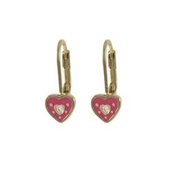 Hot Pink Enamel Heart On Gold Tone Brass Wire Earring-0.63