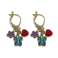 Lavender Flower, Turquoise Butterfly, And Hot Pink Heart On Gold Plated Brass Lever Back Earrings, 1