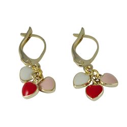 Red - White - Lt. Pink Enamel Hearts Dangling On A Gold Plated Brass Lever Back Earrings 28Mm