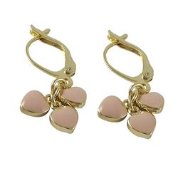 Light Pink Enamel Hearts Dangling On Gold Plated Brass Lever Back Earrings, 1.10"S 28Mm