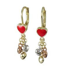 Red Enamel Heart On Gold Brass Wire Earrings 3 Small Tri Color Hearts Dangling 31Mm