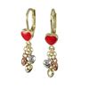 Image 1 : Red Enamel Heart On Gold Brass Wire Earrings 3 Small Tri Color Hearts Dangling 31Mm