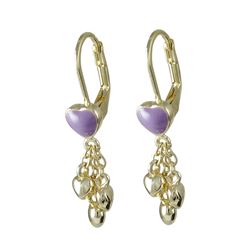 Lavender Enamel Heart On Gold Plated Brass Lever Back Earrings, 3 Small Gold Hearts Dangling, 1.22"