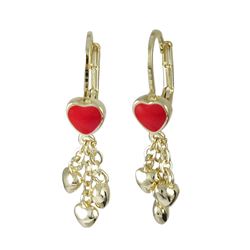 Red Enamel Heart On Gold Plated Brass Lever Back Earrings, 3 Small Gold Hearts Dangling, 1.22"