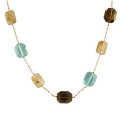 Smoky And Aqua Combination Semi Precious Faceted Stones On Gold Plated Brass Chain, 18