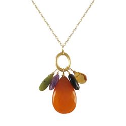 Orange Combination Semi Precious Stones  On Gold Tone Brass Chain -16