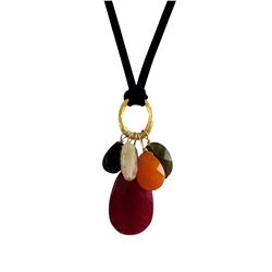 Garnet Combination Semi Precious Stones On Black Suede Chain Necklace -20