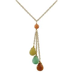 Honey And Green Chalcedony Combination Semi Precious Teardrop Stone Lariat Style Necklace, Gold Tone