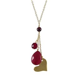 Garnet Semi Precious Stones With Gold Heart,Gold Plated Brass Lariat Style Necklace, 16&Quot; 2&Quot