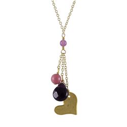 Amy Combination Semi Precious Stones With Gold Heart,Gold Plated Brass Lariat Style Necklace, 16&Quo