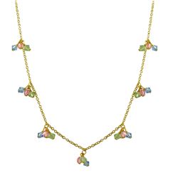 Assorted Lt. Colors Crystal Beads Dangling. Gold Tone Brass Necklace.