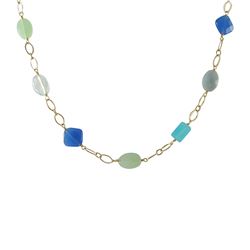 Aqua Combination Of Semi Precious Stones On Gold Tone Brass Chain- 16