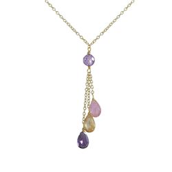 Purple And Champagne Teardrop CZ Lariat Style Necklace, Gold Tone Brass Chain -16